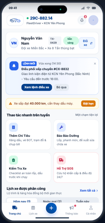 Màn hình chuyến của tài xế trong Drino Fleet